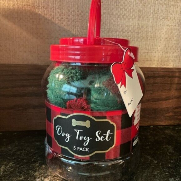Dog Toy Set of 5 Christmas Chew Toys in Container NEW - Picture 1 of 5